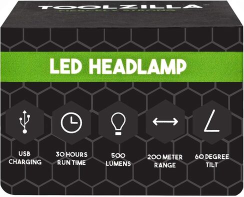 مصباح رأس LED قابل للتعديل من TOOLZILLA، قابل لإعادة الشحن عبر USB، مقاوم للطقس، 500 لومن، وقت تشغيل 30 ساعة in Kuwait