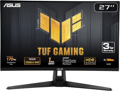 ASUS TUF Gaming 27" 1440P Monitor (VG27AQA1A) - QHD (2560 x 1440), 170Hz (Supports 144Hz), 1ms, Extreme Low Motion Blur, Freesync Premium, Eye Care, HDMI, DisplayPort, Shadow Boost, Speakers, HDR in Saudi Arabia