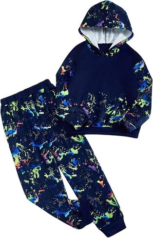 RoseSeek Boy's 2 Piece Reflective Splash Ink Print Long Sleeve Hoodie Sweatshirts and Sweatpants Set in Saudi Arabia