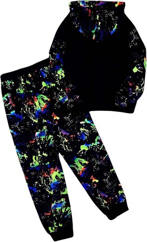 RoseSeek Boy's 2 Piece Reflective Splash Ink Print Long Sleeve Hoodie Sweatshirts and Sweatpants Set in Saudi Arabia
