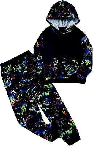 RoseSeek Boy's 2 Piece Reflective Splash Ink Print Long Sleeve Hoodie Sweatshirts and Sweatpants Set in Saudi Arabia