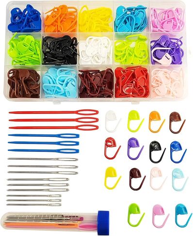 300 قطعة من أقلام الخياطة، 15 لونًا لقفل الكروشيه، 15 قطعة من إبر الخياطة الكبيرة مع صندوق تخزين in Kuwait