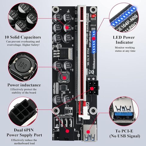 YABOANG PCI-E 1X to 16X Riser Card,GPU Extender Riser Card - (V011-PRO,1 Pack) 10 Capacitors,for Bitcoin Ethereum Mining ETH,with 0.6 m USB 3.0 Extension Cable & 6PIN SATA Power Cable in Saudi Arabia