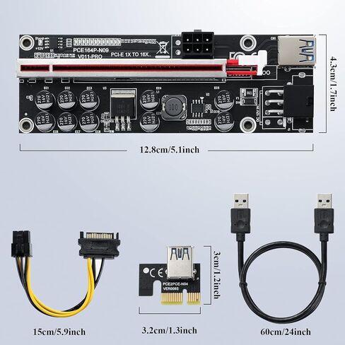 YABOANG PCI-E 1X to 16X Riser Card,GPU Extender Riser Card - (V011-PRO,1 Pack) 10 Capacitors,for Bitcoin Ethereum Mining ETH,with 0.6 m USB 3.0 Extension Cable & 6PIN SATA Power Cable in Saudi Arabia
