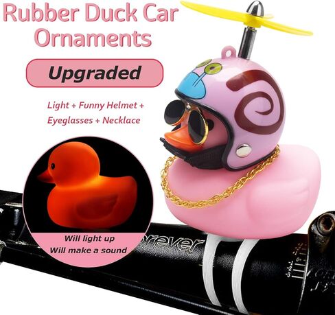 wonuu Rubber Duck Car Ornaments Pink Duck Bike Bell Cute Duck Car Dashboard Decorations Squeeze Duck Bicycle Horns with Propeller Helmet, Bandage and Gold Chain in Kuwait