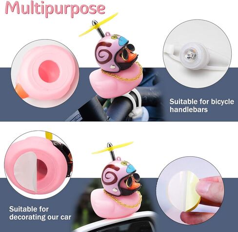 wonuu Rubber Duck Car Ornaments Pink Duck Bike Bell Cute Duck Car Dashboard Decorations Squeeze Duck Bicycle Horns with Propeller Helmet, Bandage and Gold Chain in Kuwait