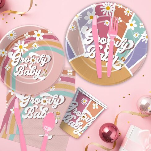 أدوات مائدة حفلات الأطفال الرائعة من HIPVVILD، مستلزمات حفلات الأطفال الرائعة بألوان قوس قزح الرجعية، طبق، كوب، منديل، شوكة للاستعمال مرة واحدة، ديكورات طاولة استحمام الأطفال من ديزي هيبي جروفي | يخدم 24 in Saudi Arabia