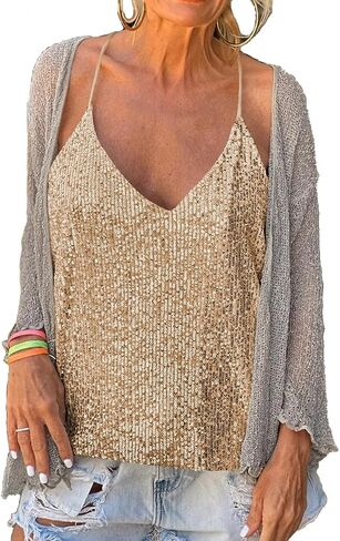 Summer Sequin Cami Tops for Women Sexy V Neck Sequins Sparkle Sleeveless Tanks Top Trendy Shimmer Party Slim Shirt in Saudi Arabia