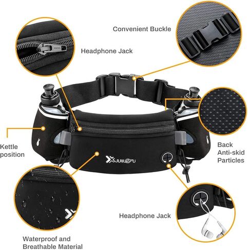 Number-one Running Belt with Water Bottles(2 x 175ML), Hydration Belt Waterproof Waist Pack Bag Fits iPhones Adjustable Sports Waist Pouch for Marathon Running Hiking Cycling, Black in Kuwait
