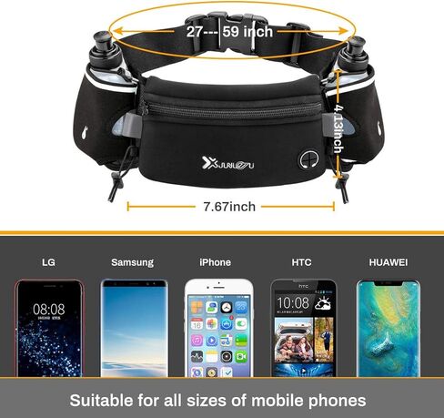 Number-one Running Belt with Water Bottles(2 x 175ML), Hydration Belt Waterproof Waist Pack Bag Fits iPhones Adjustable Sports Waist Pouch for Marathon Running Hiking Cycling, Black in Kuwait