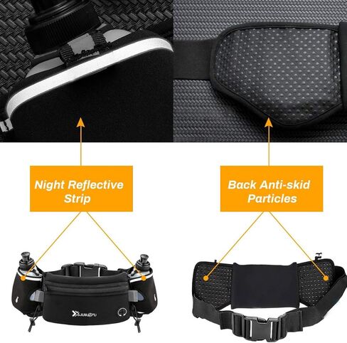Number-one Running Belt with Water Bottles(2 x 175ML), Hydration Belt Waterproof Waist Pack Bag Fits iPhones Adjustable Sports Waist Pouch for Marathon Running Hiking Cycling, Black in Kuwait