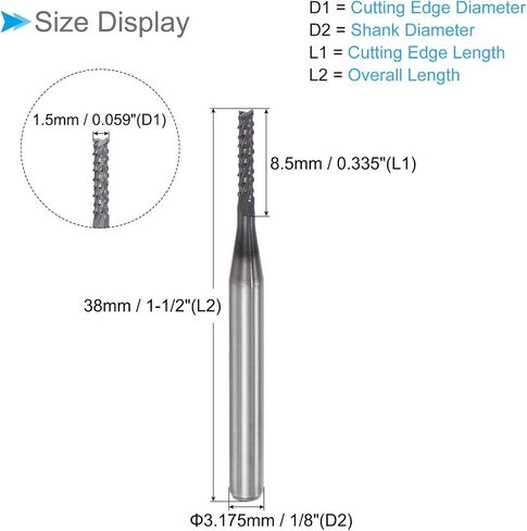 لقم توجيه CNC من CoCud End Mill، ساق 1/8 بوصة قطع 8.5 مم قطر 1.5 مم، قاطع طحن كربيد التنجستين الماسي باليد اليمنى - (التطبيقات: لنقش الحفر باستخدام الحاسب الآلي)، 5 قطع in Saudi Arabia