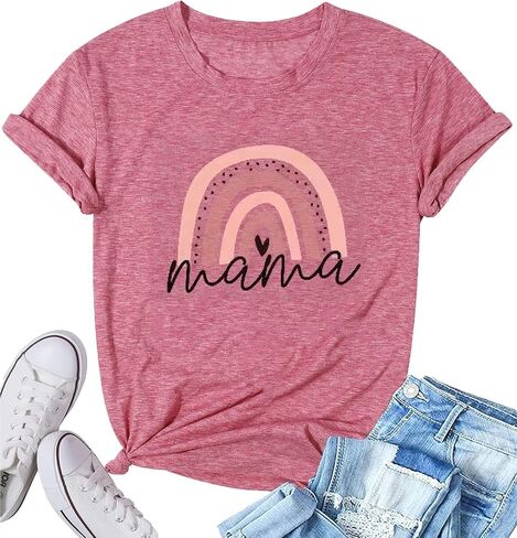 Mama Shirt Women Rainbow Mom Graphic Tshirts Short Sleeve Letter Printed Graphic Mom Gifts Tee Shirts in Saudi Arabia