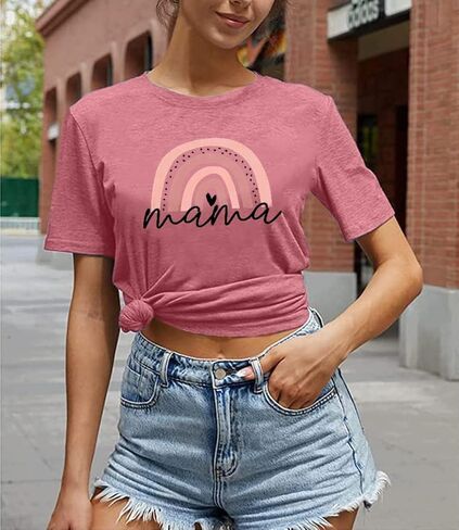 Mama Shirt Women Rainbow Mom Graphic Tshirts Short Sleeve Letter Printed Graphic Mom Gifts Tee Shirts in Saudi Arabia