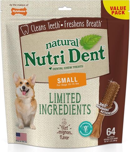 Nylabone Nutri Dent Dog Dental Chews - Natural Dog Teeth Cleaning & Breath Freshener - Dental Treats for Dogs - Filet Mignon Flavor, Small (64 Count) in Saudi Arabia