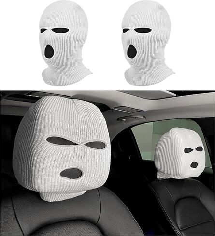 Suvnie 2 PCS Car Headrest Cover, Personalized Funny Car Seat Full Face Mask, Ski Mask Wrap Protection for Auto Front Seat Rest Decoration, Universal Interior Car Accessories (White) in Saudi Arabia
