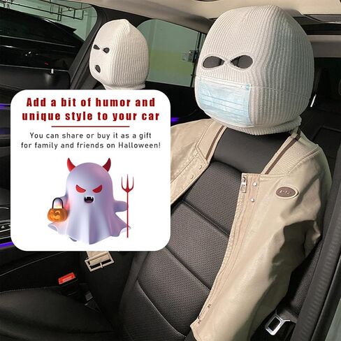 Suvnie 2 PCS Car Headrest Cover, Personalized Funny Car Seat Full Face Mask, Ski Mask Wrap Protection for Auto Front Seat Rest Decoration, Universal Interior Car Accessories (White) in Saudi Arabia