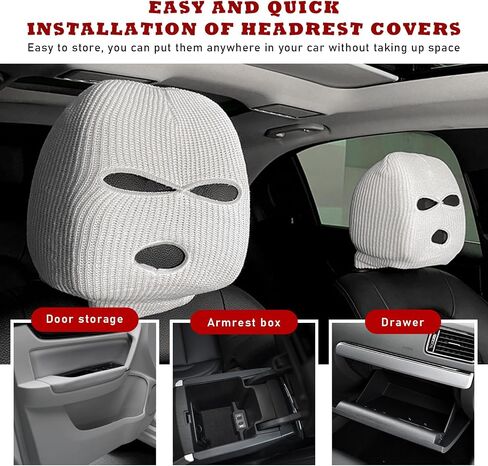 Suvnie 2 PCS Car Headrest Cover, Personalized Funny Car Seat Full Face Mask, Ski Mask Wrap Protection for Auto Front Seat Rest Decoration, Universal Interior Car Accessories (White) in Saudi Arabia