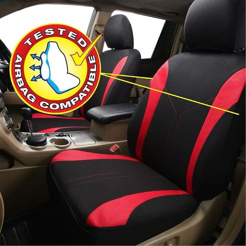 Flying Banner Car Seat Covers Front Seats and Rear Bench Mesh Fabric Rear Bench Split Polyester Cover Easy Installation SUV CAR Woman Lady Femal (Front Set, Black Red) in Saudi Arabia