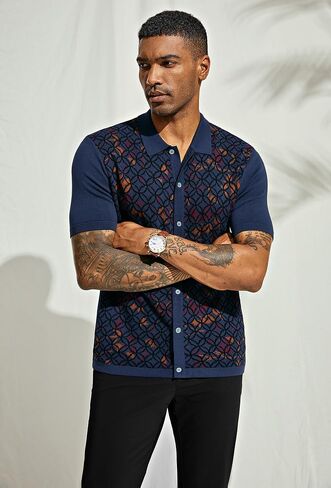 PJ PAUL JONES Mens Old Money Polo Shirt Vintage Lapel Collar Knit Shirt Pattern Short Sleeve Button Down Shirt in Saudi Arabia