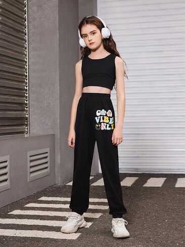 SOLY HUX Girl's Sweatpants Letter Graphic Elastic High Waisted Casual Joggers Pants in Saudi Arabia
