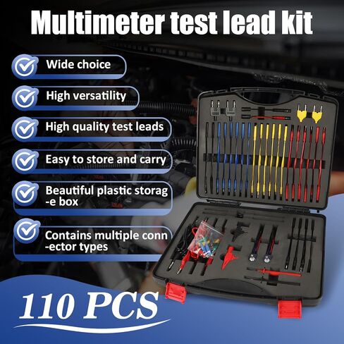 Liiamoar 110 قطعة مجموعة أدوات اختبار دوائر السيارات، مجموعة أدوات اختبار متعددة المقاييس، مجموعة اختبار كهربائية، مجموعة مسبار خلفي للسيارات، مجموعة موصل سلك التتابع (مع حقيبة حمل سوداء)، مشابك التمساح in Kuwait
