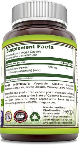 Pure Naturals Valerian Root Supplement | 500 Mg | Veggie Capsules | Non-GMO | Gluten Free | Made in USA (250 Count) in Saudi Arabia