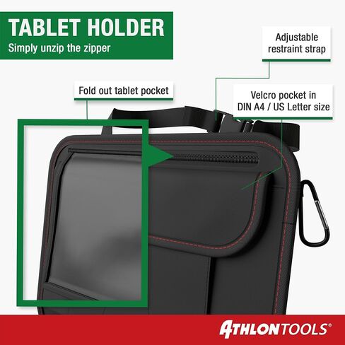 ATHLON TOOLS car seat organizer with integrated tablet holder - Reinforced back - with extra pen pocket - for business and children - Designed in Germany in Saudi Arabia