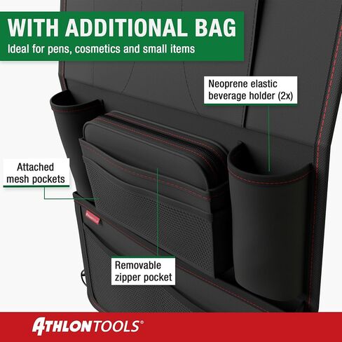 ATHLON TOOLS car seat organizer with integrated tablet holder - Reinforced back - with extra pen pocket - for business and children - Designed in Germany in Saudi Arabia