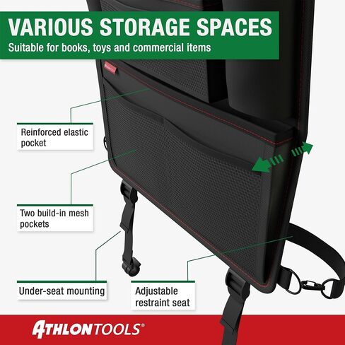 ATHLON TOOLS car seat organizer with integrated tablet holder - Reinforced back - with extra pen pocket - for business and children - Designed in Germany in Saudi Arabia
