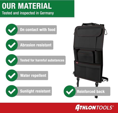 ATHLON TOOLS car seat organizer with integrated tablet holder - Reinforced back - with extra pen pocket - for business and children - Designed in Germany in Saudi Arabia