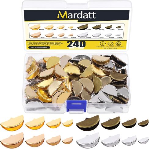 Mardatt 240 قطعة 4 ألوان نصف دائرية شريطية أطراف تجعيد طرفية مجموعة متنوعة، 13/15/20/25 مم شريط جلدي نهاية سوار مرجعي، قبعات سلكية مع حلقة لصنع المجوهرات بنفسك in Kuwait