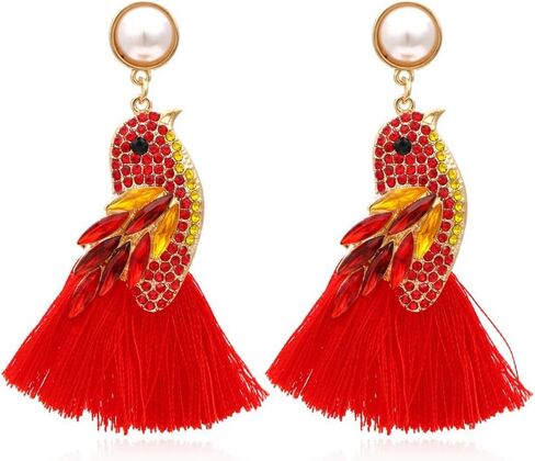 حجر الراين الببغاء شرابة تتدلى الأقراط للنساء الفتيات، ملونة مكعب زركونيا هامش الأقراط الحيوان العرقية، بيان الأزياء أقراط الطيور، بوهو الشاطئ الاستوائي طويلة مجوهرات عطلة متعددة الألوان (الأحمر) in Kuwait