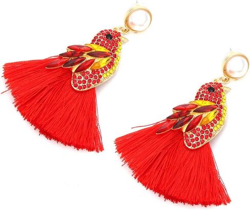 حجر الراين الببغاء شرابة تتدلى الأقراط للنساء الفتيات، ملونة مكعب زركونيا هامش الأقراط الحيوان العرقية، بيان الأزياء أقراط الطيور، بوهو الشاطئ الاستوائي طويلة مجوهرات عطلة متعددة الألوان (الأحمر) in Kuwait