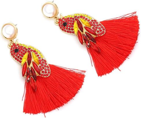 حجر الراين الببغاء شرابة تتدلى الأقراط للنساء الفتيات، ملونة مكعب زركونيا هامش الأقراط الحيوان العرقية، بيان الأزياء أقراط الطيور، بوهو الشاطئ الاستوائي طويلة مجوهرات عطلة متعددة الألوان (الأحمر) in Kuwait