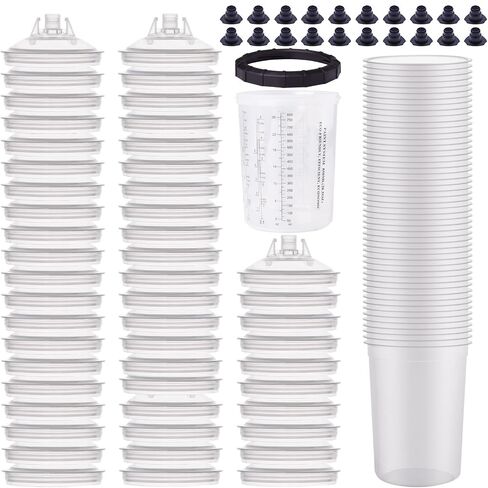 Disposable Paint Gun Cups Liners and Lid System Paint Sprayer Mixing Cup for HVLP Spray Gun 50 Cup Liners 50 Lids with Strainer 1 Hard Cup with Retainer Ring 20 Plugs, 650ML (22 OZ) in Kuwait