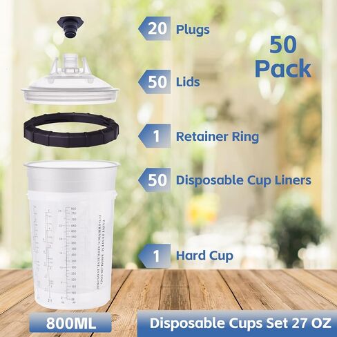 Disposable Paint Gun Cups Liners and Lid System Paint Sprayer Mixing Cup for HVLP Spray Gun 50 Cup Liners 50 Lids with Strainer 1 Hard Cup with Retainer Ring 20 Plugs, 650ML (22 OZ) in Kuwait