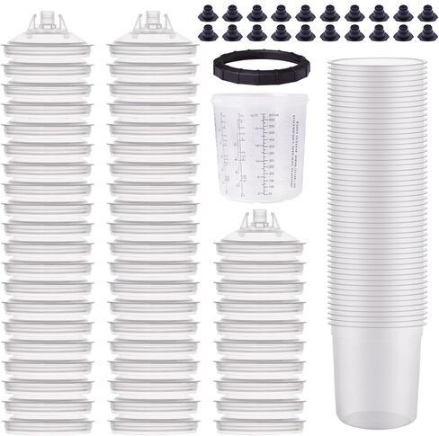 Disposable Paint Gun Cups Liners and Lid System Paint Sprayer Mixing Cup for HVLP Spray Gun 50 Cup Liners 50 Lids with Strainer 1 Hard Cup with Retainer Ring 20 Plugs, 650ML (22 OZ) in Kuwait
