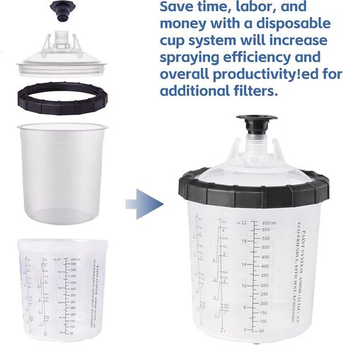 Disposable Paint Gun Cups Liners and Lid System Paint Sprayer Mixing Cup for HVLP Spray Gun 50 Cup Liners 50 Lids with Strainer 1 Hard Cup with Retainer Ring 20 Plugs, 650ML (22 OZ) in Kuwait