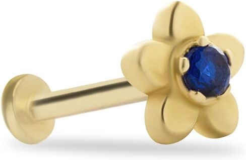 Flower Stud Labret Cartilage Piercing Earring With Blue Zircon - 14K Solid Yellow Gold - For Helix Tragus Lobe Conch Flat & Other Body Piercing BY KORAL JEWELRY in Saudi Arabia