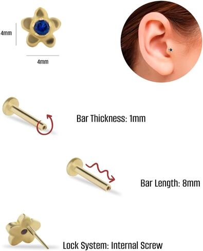 Flower Stud Labret Cartilage Piercing Earring With Blue Zircon - 14K Solid Yellow Gold - For Helix Tragus Lobe Conch Flat & Other Body Piercing BY KORAL JEWELRY in Saudi Arabia