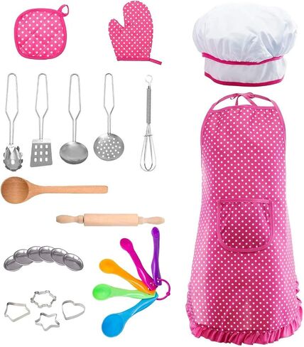 niolio Kids Cooking and Baking Chef Set - 24 Pcs Includes Apron, Chef Hat, Oven Mitt, Pot Holders, Rolling Pin, Spoon, Cookie Cutters & Baking Utensil for Little Girls Age 3+ Years Old Kids Toys in Saudi Arabia