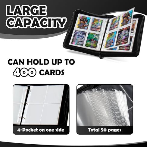 GEAoffice Card Binder 4 Pocket, Trading Card Album Holder Folder, 400 Pockets Card Binder with Zipper for Trading Cards -Gifts for Boys Girls, Black in Kuwait