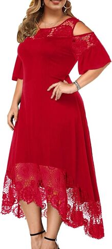 ODIZLI Women's Plus Size Short Sleeve Off-Shoulder Floral Lace Irregular Hemline Ruffle Midi Dress Party Dress in Saudi Arabia