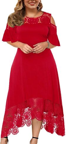 ODIZLI Women's Plus Size Short Sleeve Off-Shoulder Floral Lace Irregular Hemline Ruffle Midi Dress Party Dress in Saudi Arabia