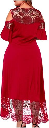 ODIZLI Women's Plus Size Short Sleeve Off-Shoulder Floral Lace Irregular Hemline Ruffle Midi Dress Party Dress in Saudi Arabia