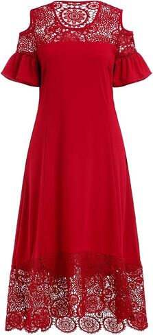 ODIZLI Women's Plus Size Short Sleeve Off-Shoulder Floral Lace Irregular Hemline Ruffle Midi Dress Party Dress in Saudi Arabia