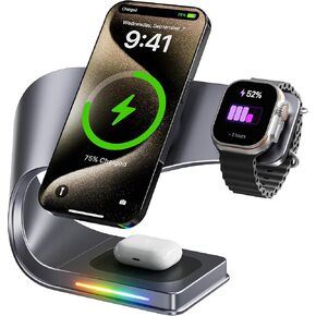 Wireless Charger, 3 in 1 Fast Charging Station for iPhone 15/14/13/12, Apple Watch, AirPods, 15W Magnetic Foldable Charging Dock, Portable Qi Wireless Charger Stand for Home, Office, Travel in Saudi Arabia