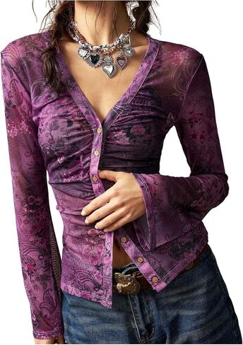 Women's Boho Paisley Button Down T Shirt V Neck Vintage Y2K Long Sleeve Fitted Fall Tee Tops in Saudi Arabia
