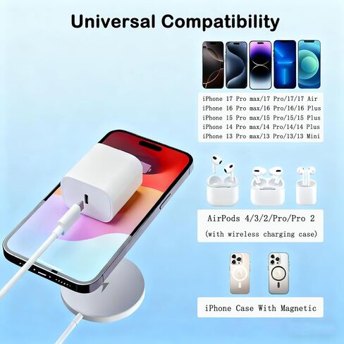 [معتمد من Apple MFi] شاحن Mag-Safe لهاتف iPhone 17/16/15، لوحة شحن لاسلكية مغناطيسية سريعة بقدرة 15 وات مع كتلة USBC PD لهاتف iPhone 17/17 Air/17 Pro Max/17 Pro/16 Pro Max/16/15/14/13/12/11، AirPods 3/Pro 2 in Saudi Arabia